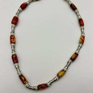 Vintage Panama Jack Red & Yellow Beaded Tribal Necklace 1990s